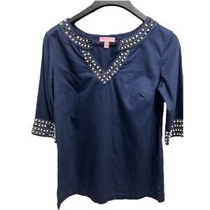 Lilly Pulitzer Navy Blue Cotton Tunic Top Embroidered Beaded Embellished Size 0